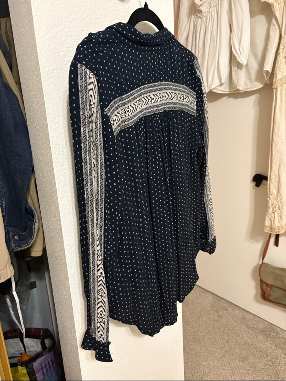 Amuse Society Navy Button-Front Tunic with Tiny White Cross Print - Picture 3 of 5